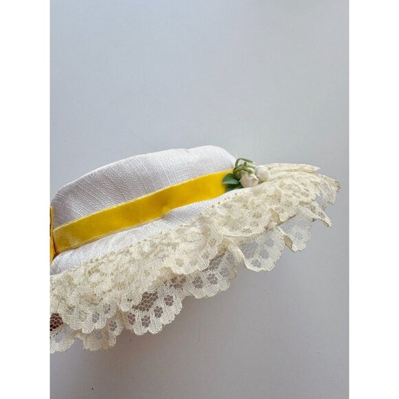 Vintage Ivory Straw Faux Floral Yellow Velvet Bow Lace Ruffle Trim Boater Hat - Picture 9 of 14